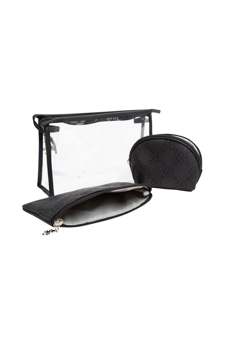 TRANSPARENT &amp; FLORAL PATTERN COSMETIC TRAVEL POUCH SET