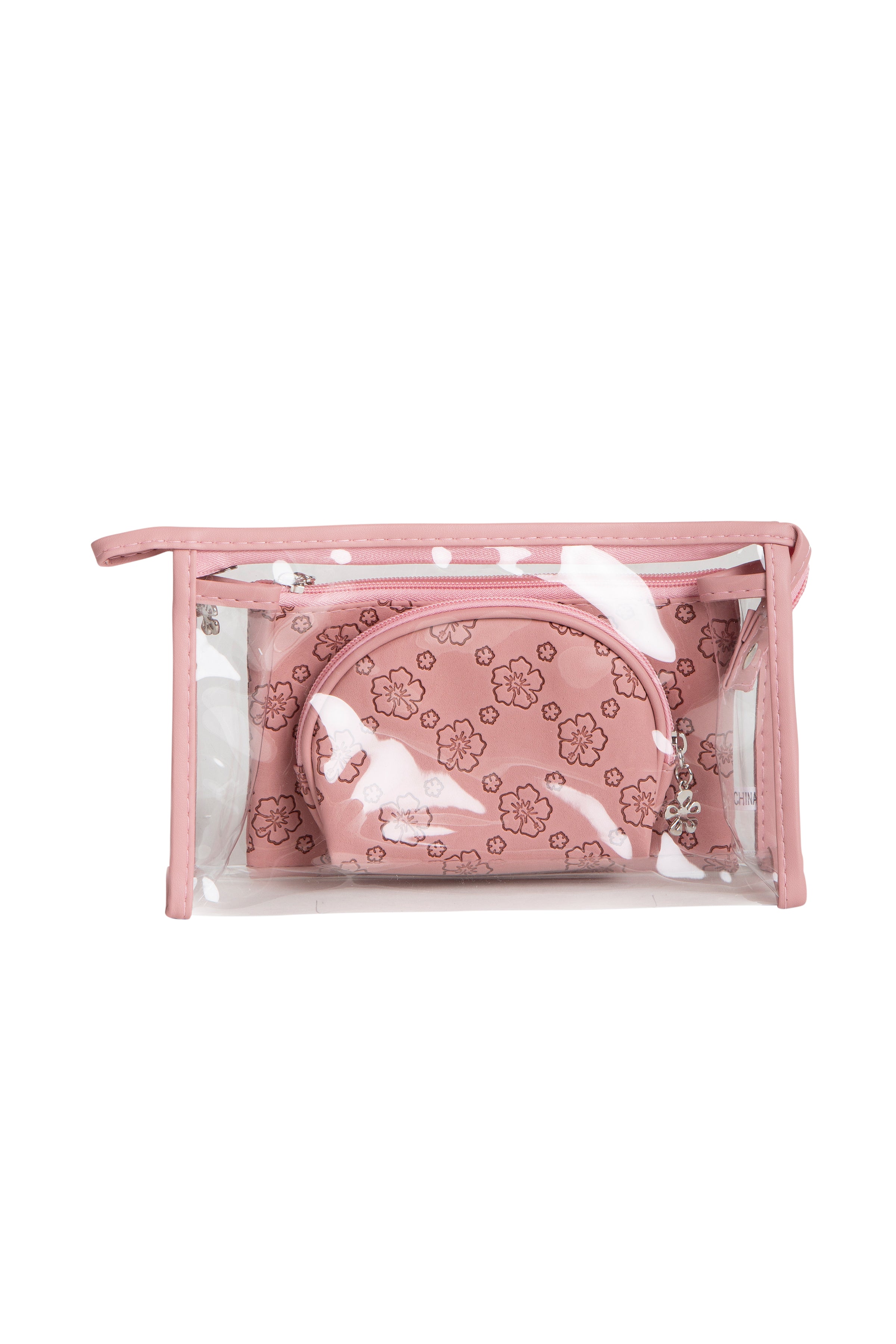 TRANSPARENT & FLORAL PATTERN COSMETIC TRAVEL POUCH SET