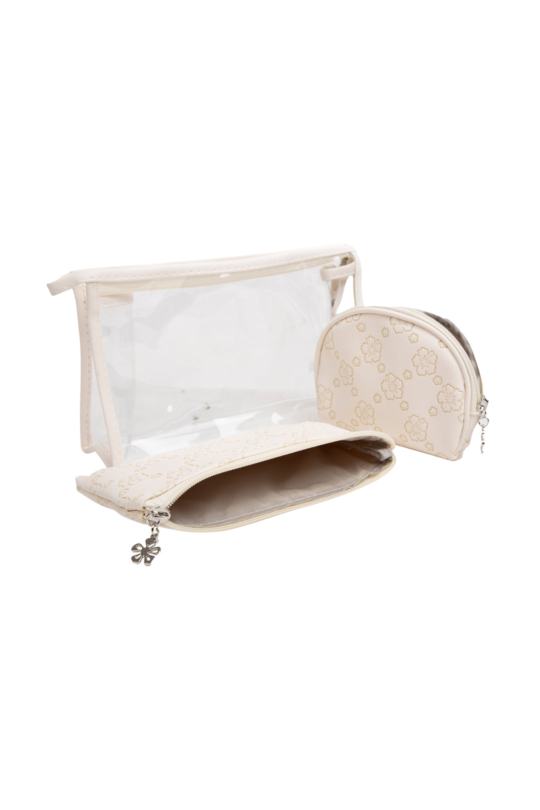 TRANSPARENT &amp; FLORAL PATTERN COSMETIC TRAVEL POUCH SET