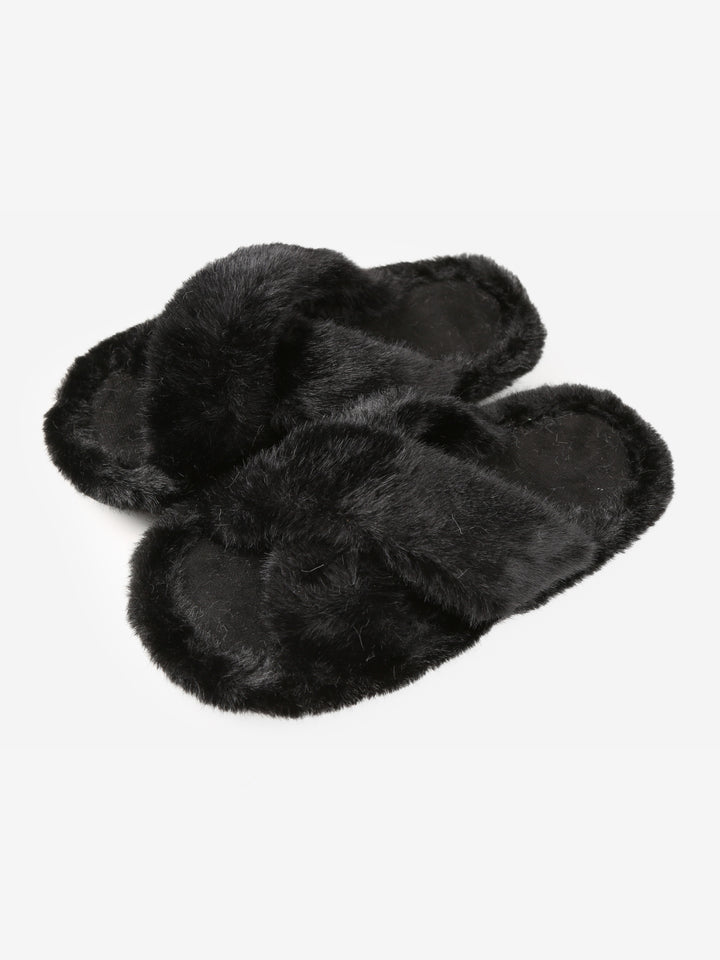 FUZZY SOLID COLOR CRISS-CROSS SLIPPERS - 6 pr pack
