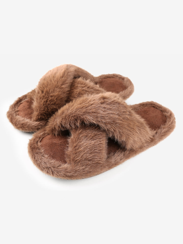 FUZZY SOLID COLOR CRISS-CROSS SLIPPERS - 6 pr pack
