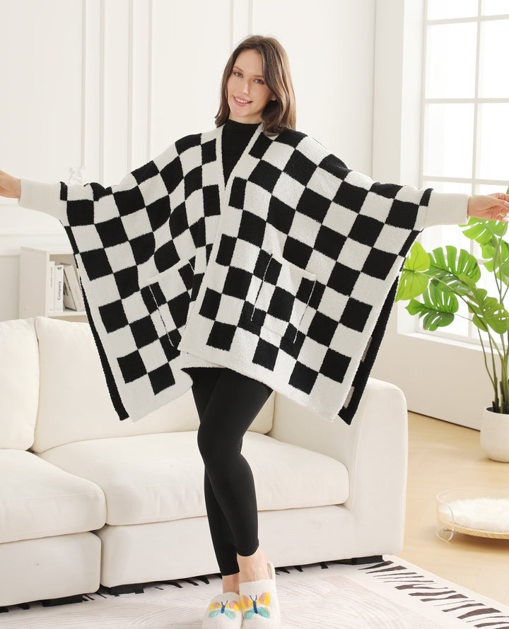 CHECKERED PATTERN WEARABLE BLANKET RUANA