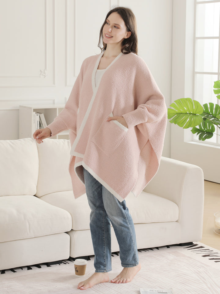 SOLID COLOR W/ COLORED EDGE PATTERN WEARABLE BLANKET RUANA