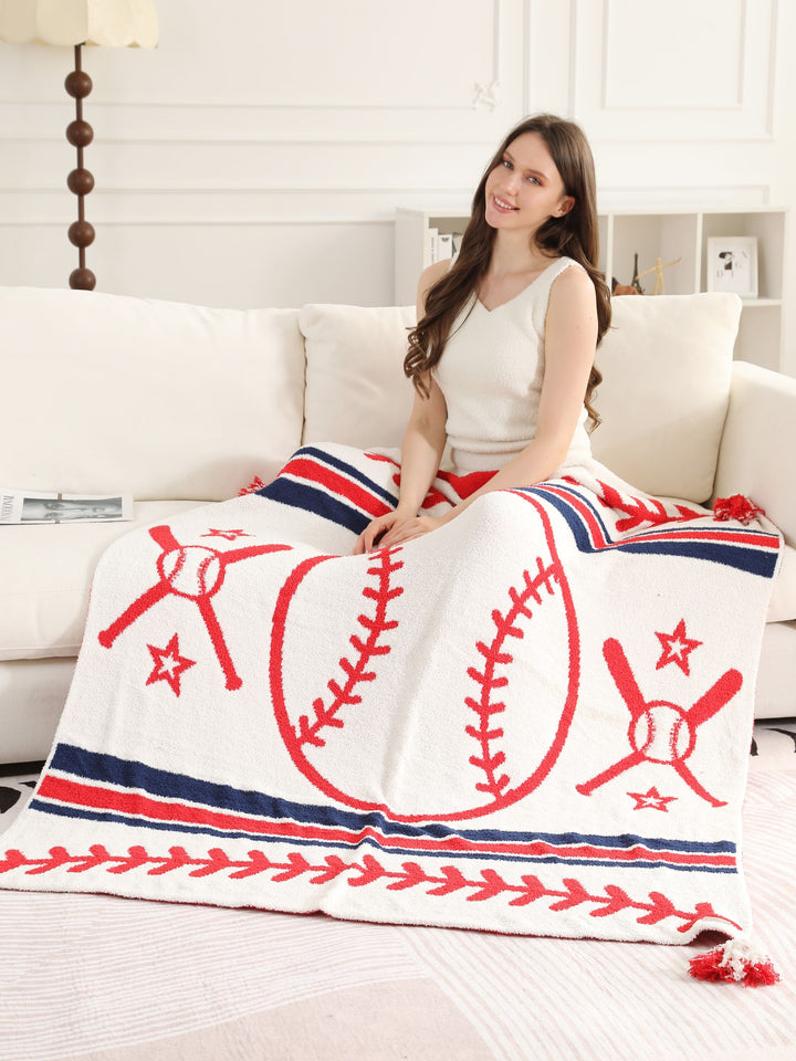 SPORTS PATTERN THROW BLANKET W/ TASSELS