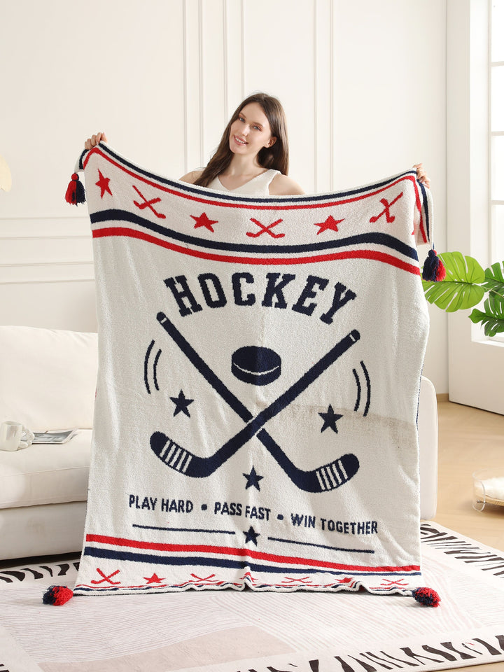 SPORTS PATTERN THROW BLANKET W/ TASSELS