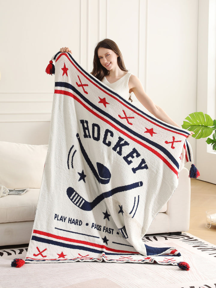 SPORTS PATTERN THROW BLANKET W/ TASSELS