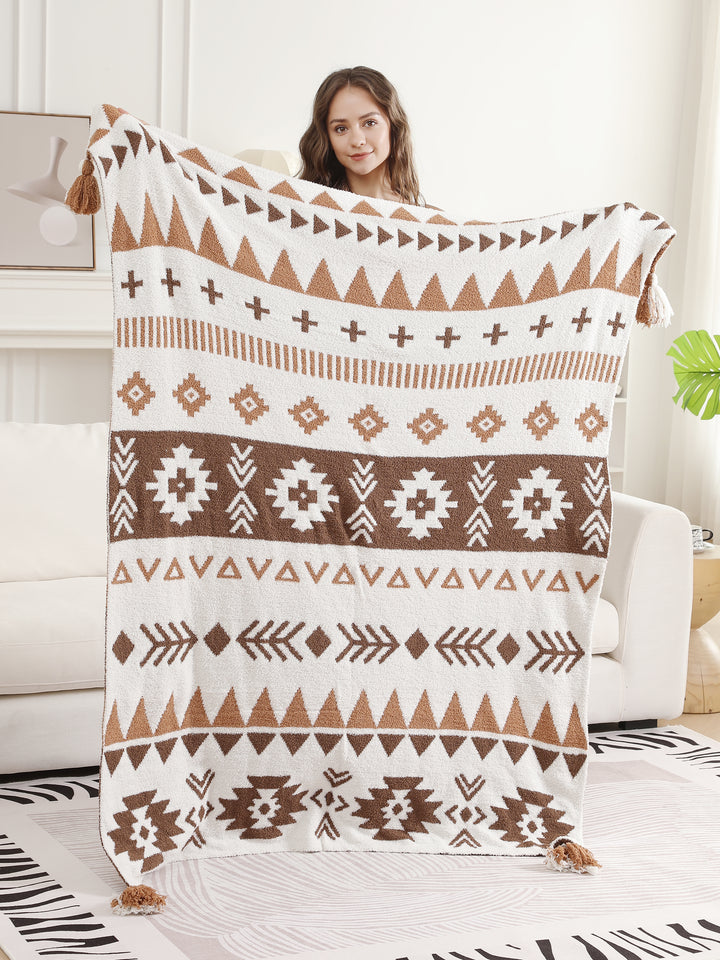 TRIBAL PATTERN THROW BLANKET W/ TASSELS