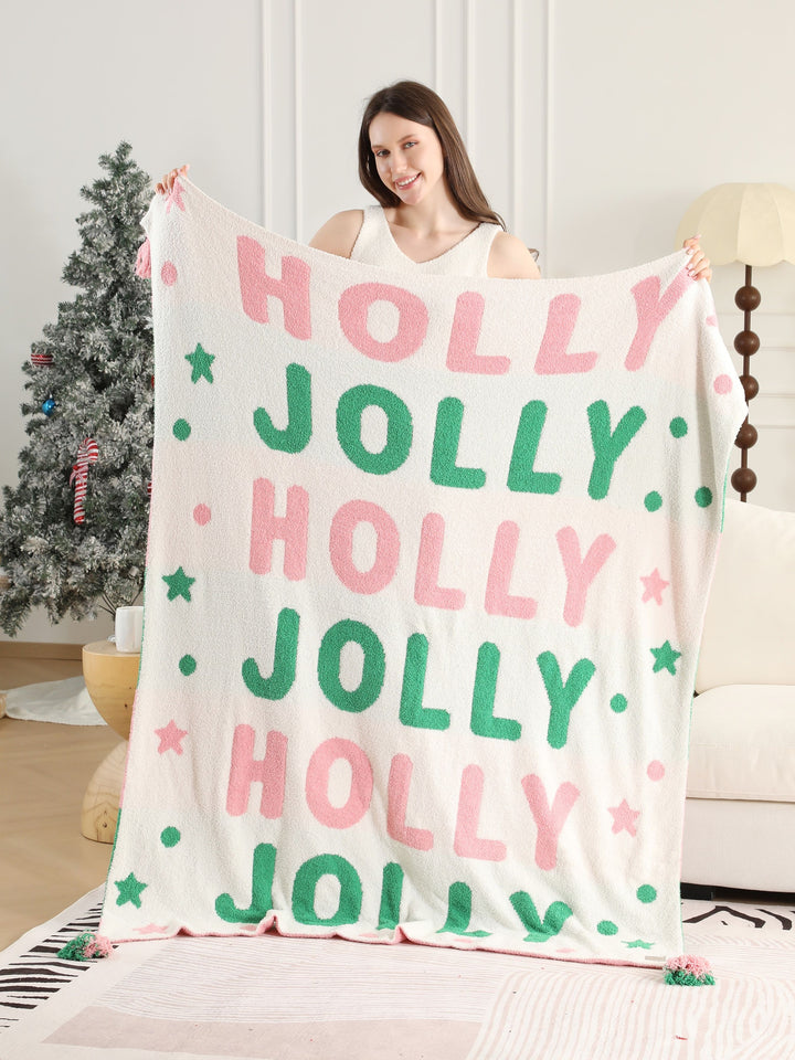 HOLLY JOLLY - CHRISTMAS THEMED PATTERN THROW BLANKET W/ TASSELS