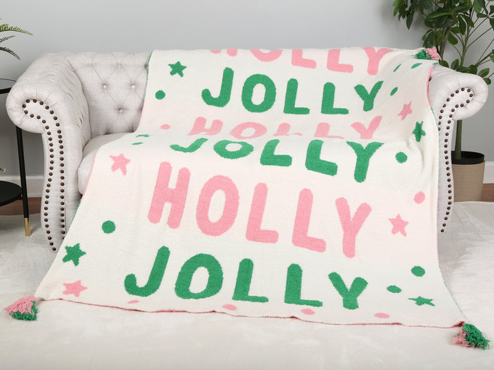 HOLLY JOLLY - CHRISTMAS THEMED PATTERN THROW BLANKET W/ TASSELS