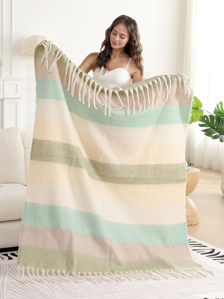 STRIPED PATTERN THROW BLANKET W/ FRINGE