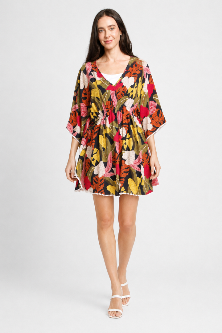 MIXED LEAF PATTERN COVER-UP DRESS