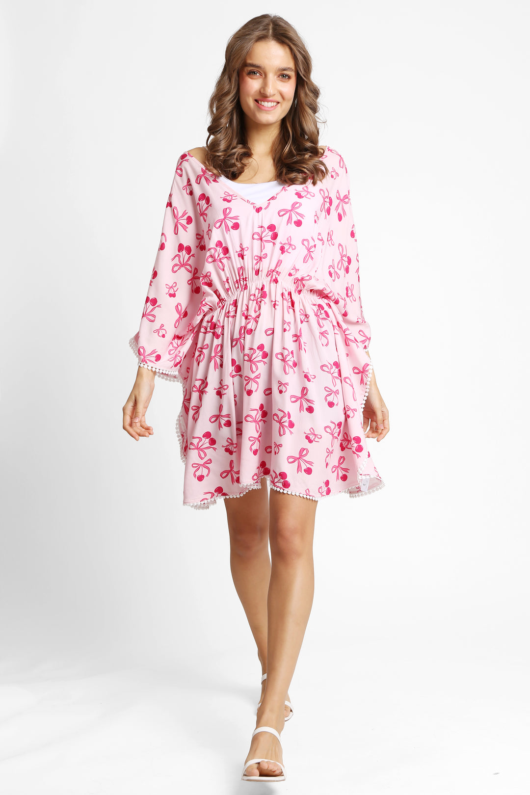 CHERRY W/ RIBBON PATTERN COVER-UP DRESS