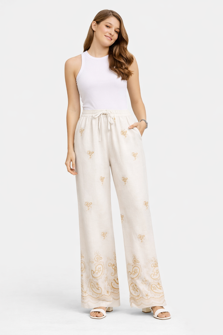 FLORAL &amp; PAISLEY PATTERN LINEN PANTS