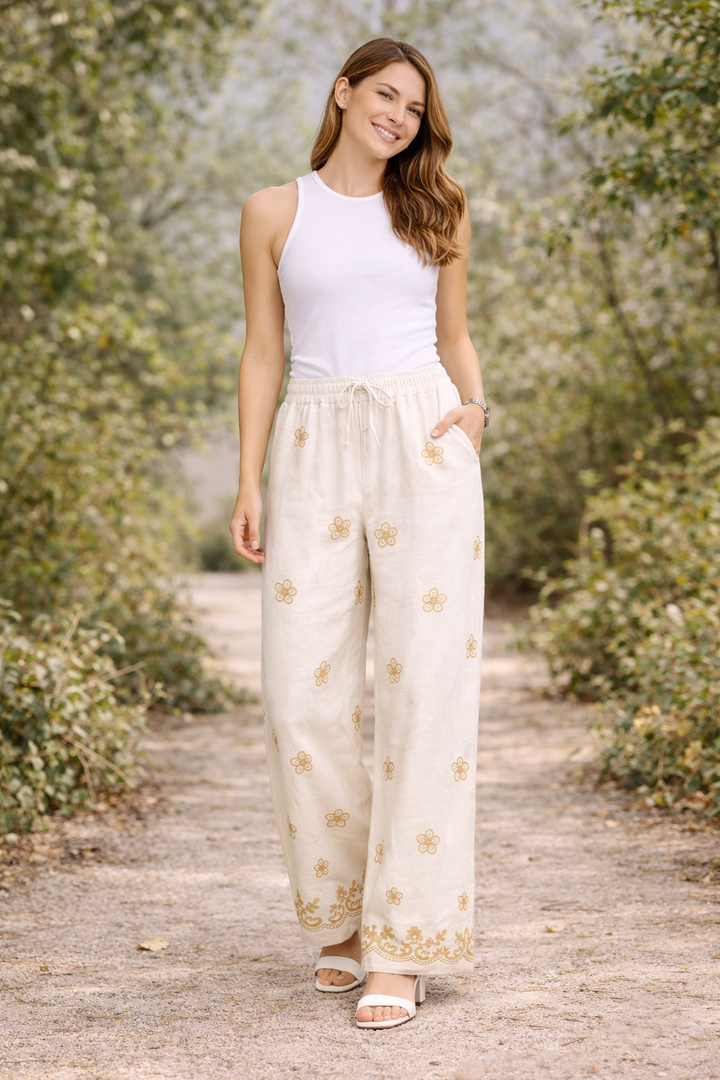 FLORAL PATTERN LINEN PANTS