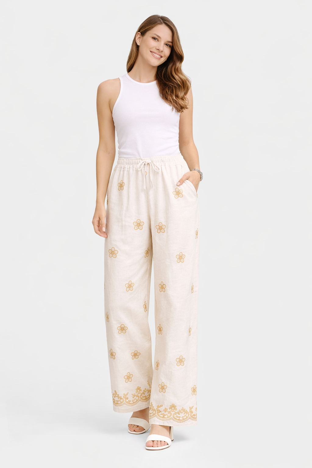 FLORAL PATTERN LINEN PANTS