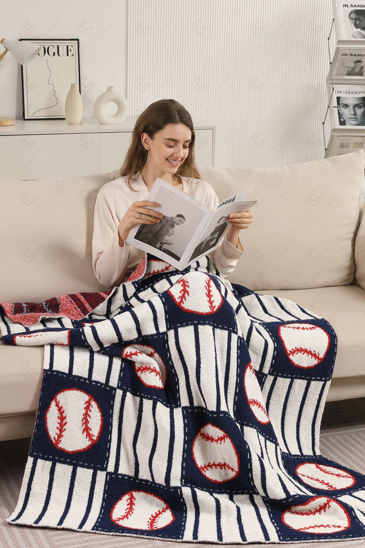 BASEBALL CHECKERED &amp; PIN-STRIPED PATTERN THROW BLANKET NAVY THROW BLANKETS