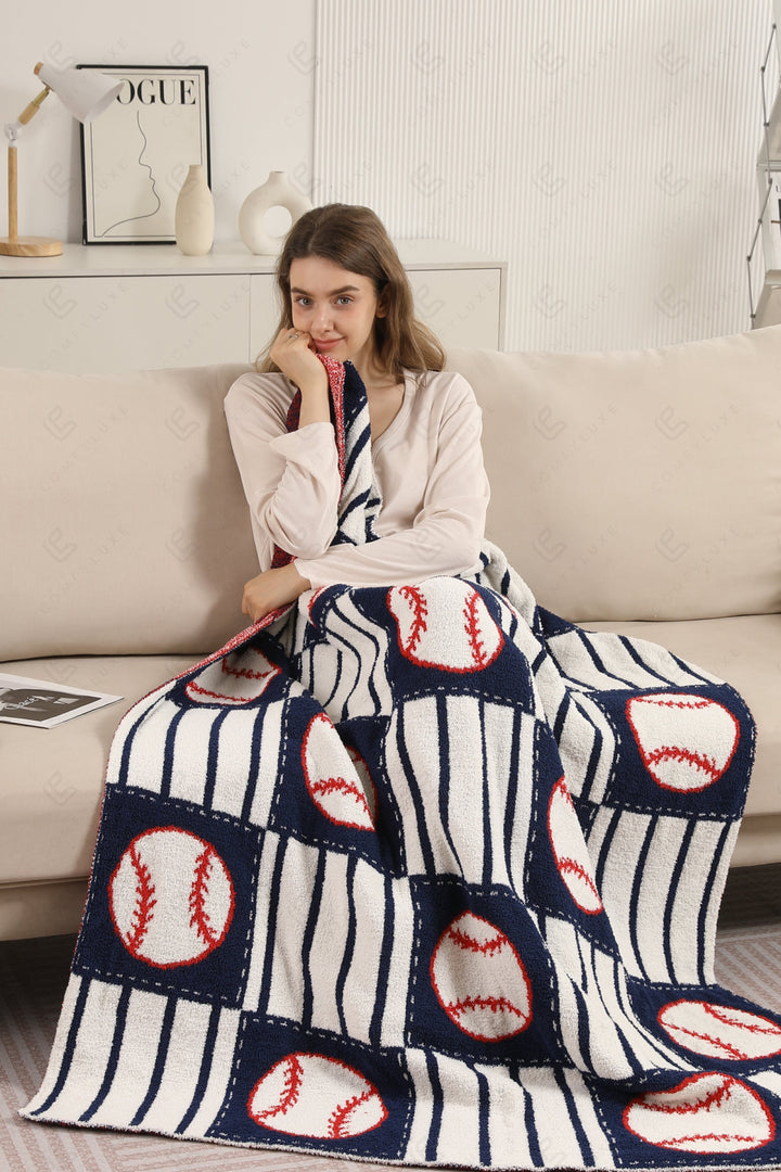 BASEBALL CHECKERED &amp; PIN-STRIPED PATTERN THROW BLANKET NAVY THROW BLANKETS