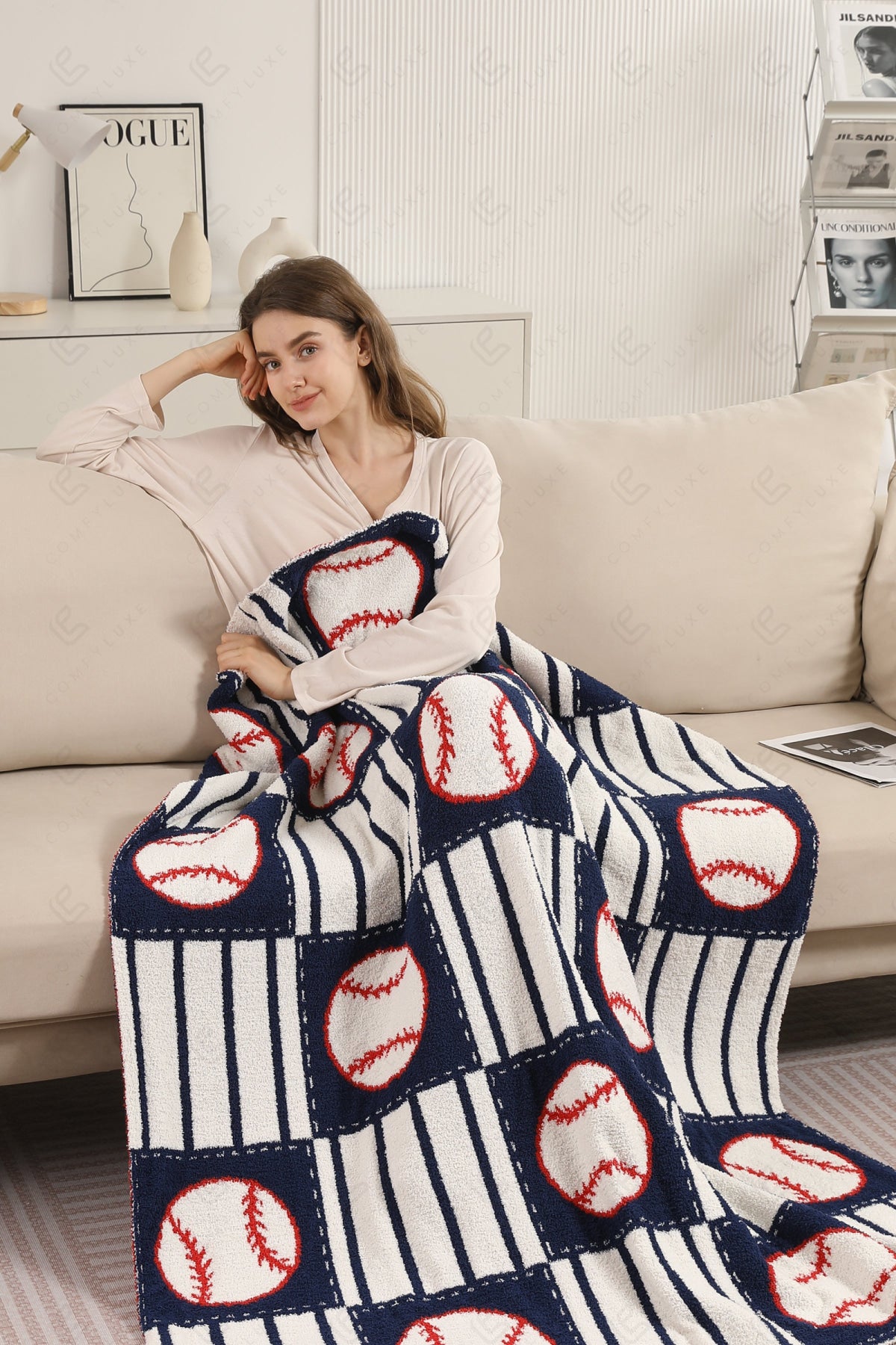 BASEBALL CHECKERED & PIN-STRIPED PATTERN THROW BLANKET NAVY THROW BLANKETS