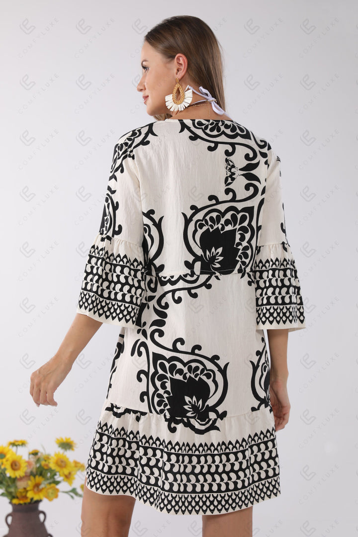 MIXED PRINT MINI COVER-UP DRESS WHITE APPAREL