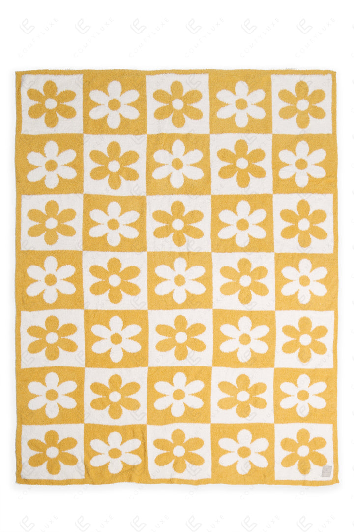 CHECKERED &amp; DAISY PATTERN THROW BLANKET YELLOW THROW BLANKETS
