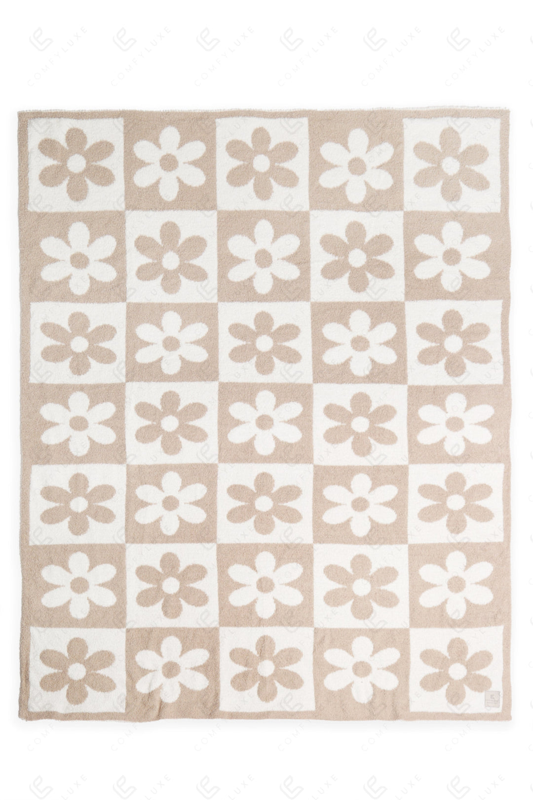 CHECKERED &amp; DAISY PATTERN THROW BLANKET BEIGE THROW BLANKETS