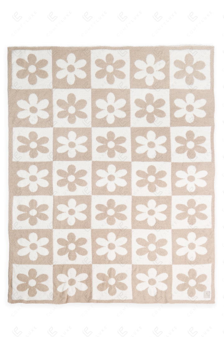 CHECKERED &amp; DAISY PATTERN THROW BLANKET BEIGE THROW BLANKETS