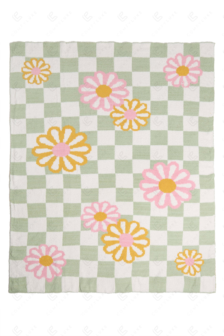 CHECKERED &amp; DAISY PATTERN THROW BLANKET GREEN THROW BLANKETS