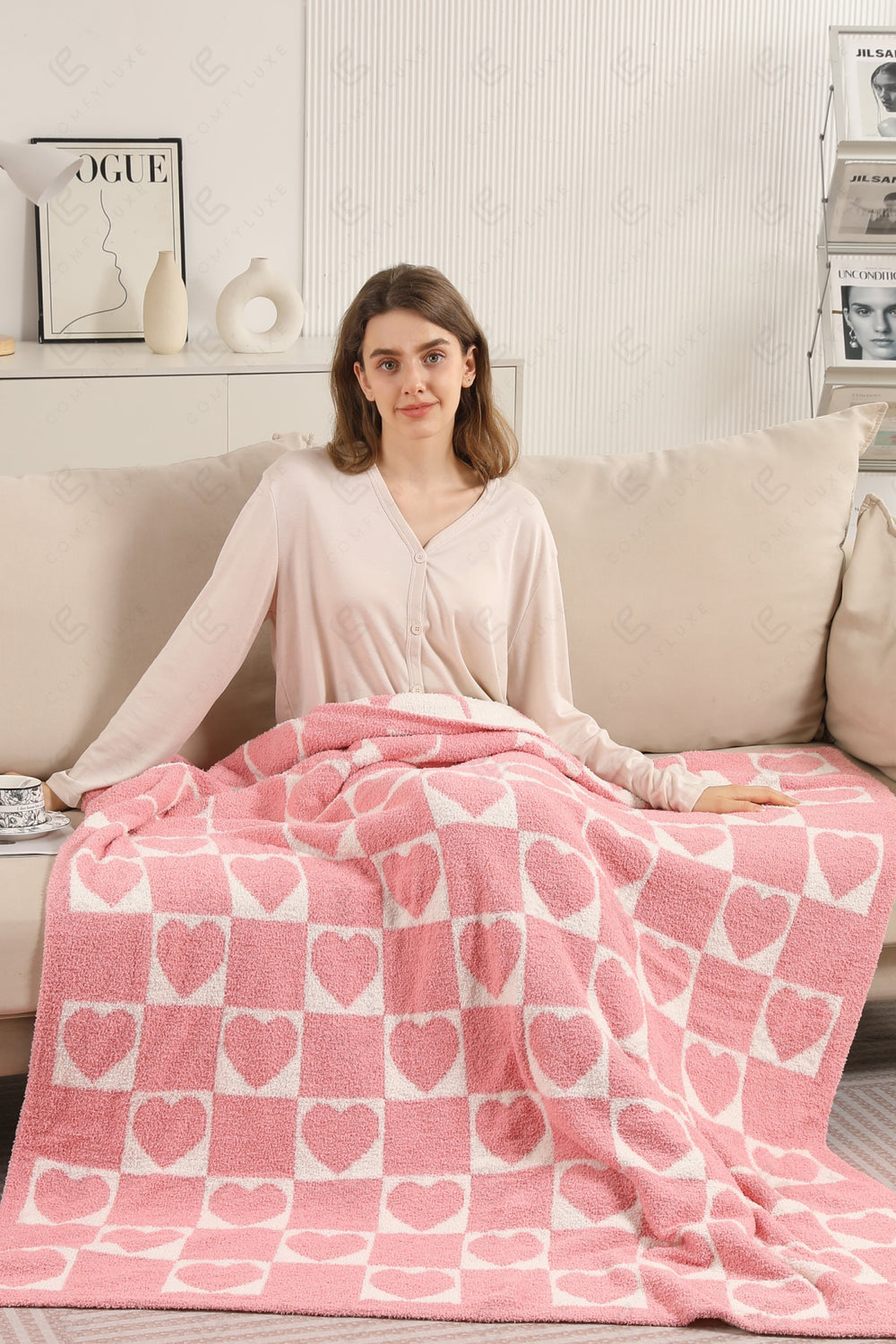 CHECKERED & HEART PATTERN THROW BLANKET PINK THROW BLANKETS