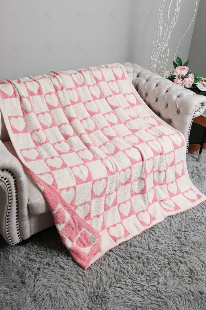 CHECKERED &amp; HEART PATTERN THROW BLANKET PINK THROW BLANKETS