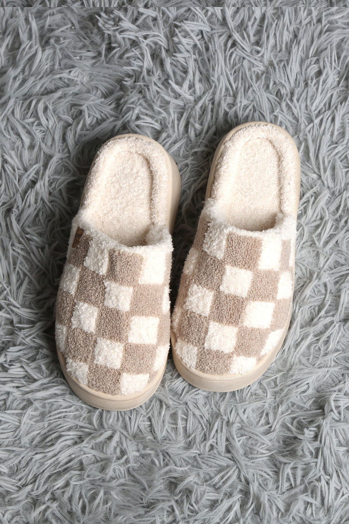 CHECKERED PATTERN PLATFORM SLIPPERS BEIGE / M/L SLIPPERS/SLIDES