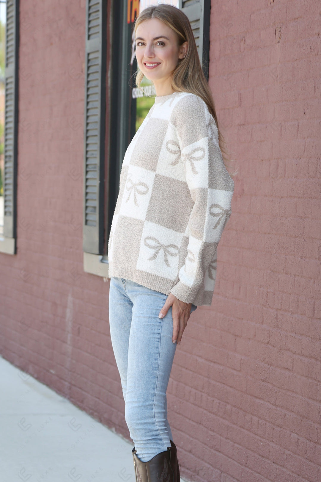 CHECKERED &amp; RIBBON PATTERN SWEATER APPAREL