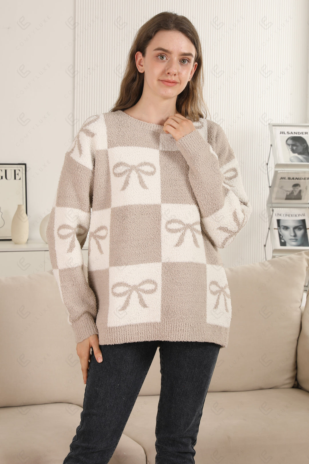 CHECKERED &amp; RIBBON PATTERN SWEATER APPAREL