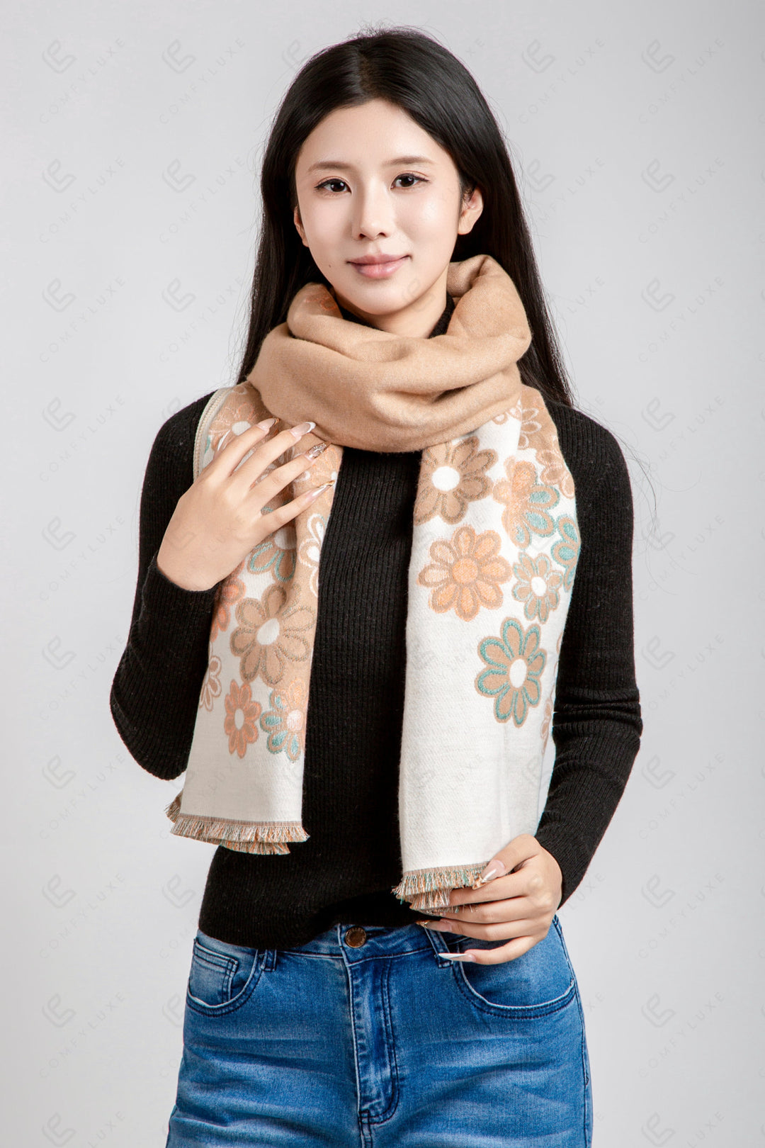 FLORAL PATTERN SCARF BEIGE SCARVES