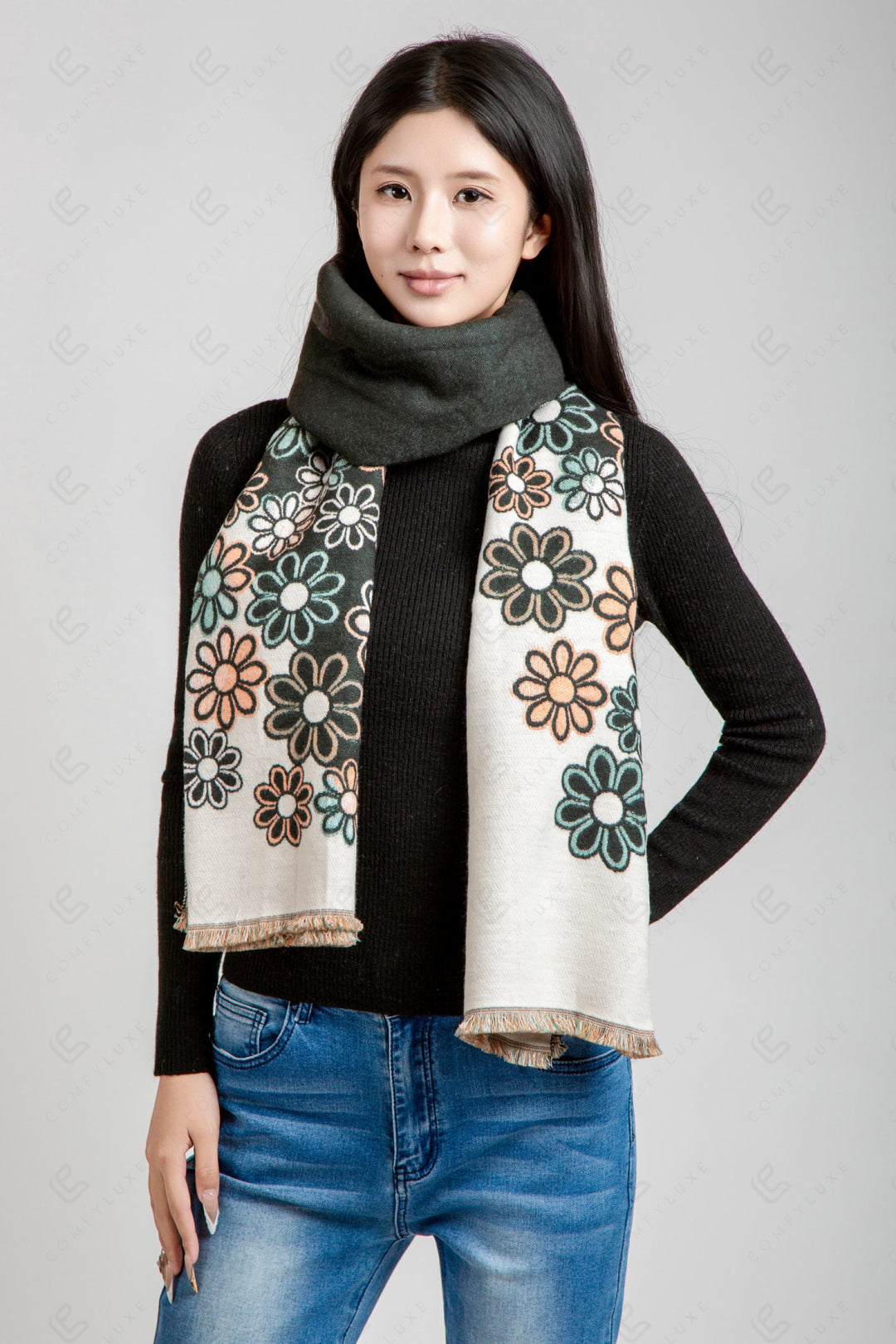 FLORAL PATTERN SCARF BLACK SCARVES