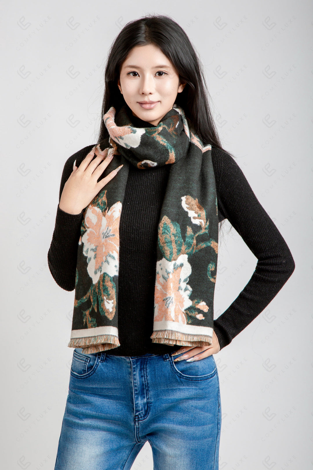FLORAL PATTERN SCARF BLACK SCARVES