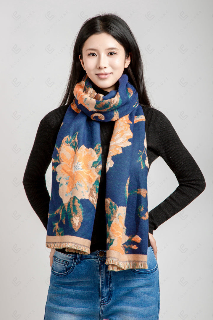 FLORAL PATTERN SCARF NAVY SCARVES