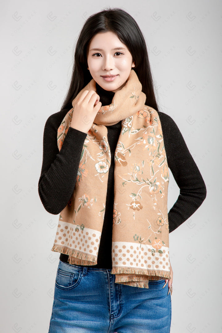 FLORAL &amp; POLKA DOT PATTERN SCARF BEIGE SCARVES