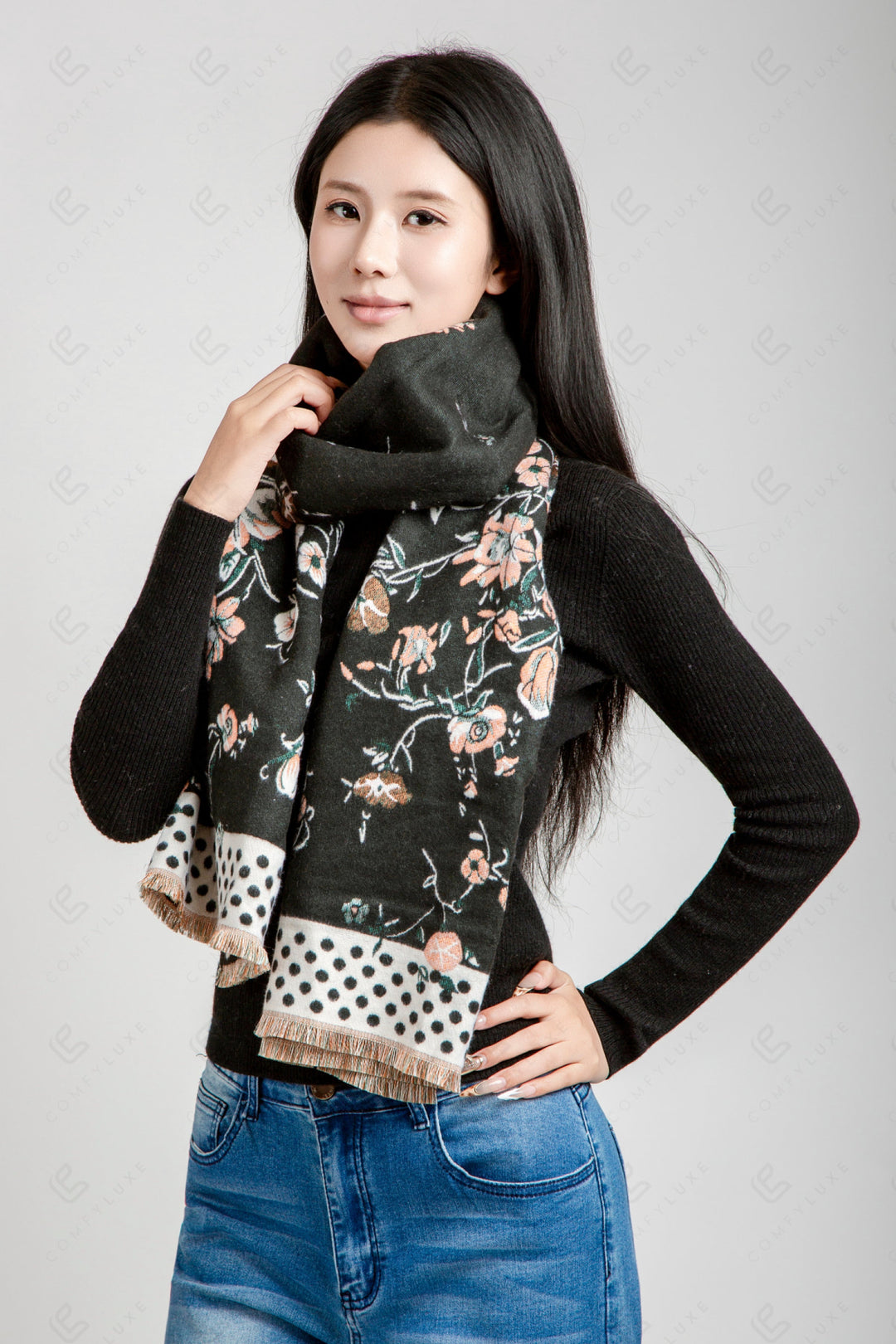 FLORAL &amp; POLKA DOT PATTERN SCARF BLACK SCARVES