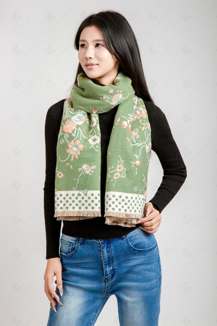 FLORAL &amp; POLKA DOT PATTERN SCARF GREEN SCARVES