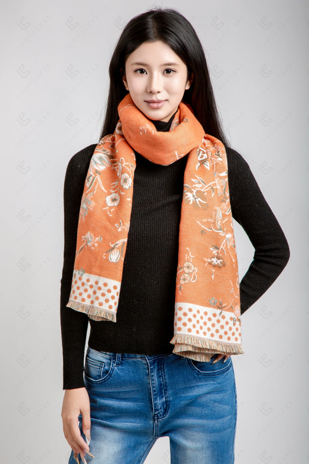 FLORAL &amp; POLKA DOT PATTERN SCARF ORANGE SCARVES