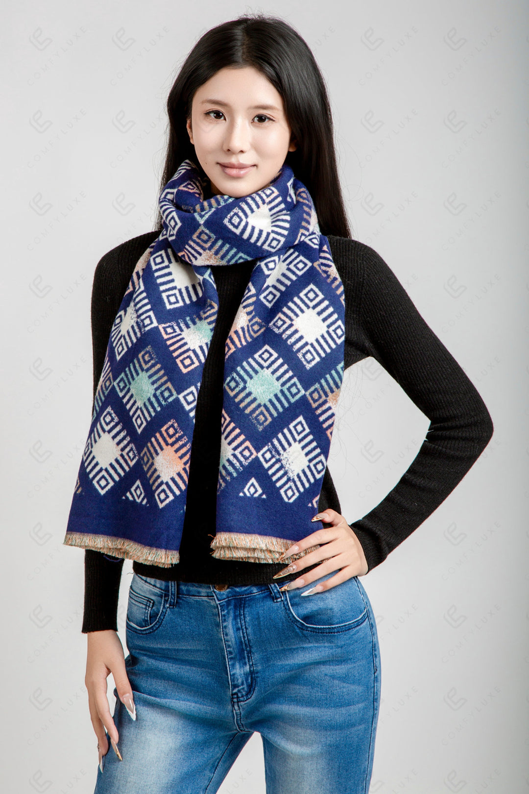 GEOMETRIC PATTERN SCARF NAVY SCARVES