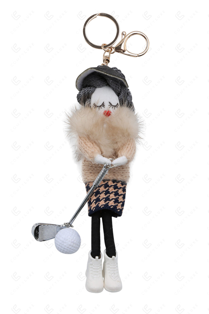 GOLFING DOLL KEYCHAIN/BAG CHARM BEIGE KEYCHAINS