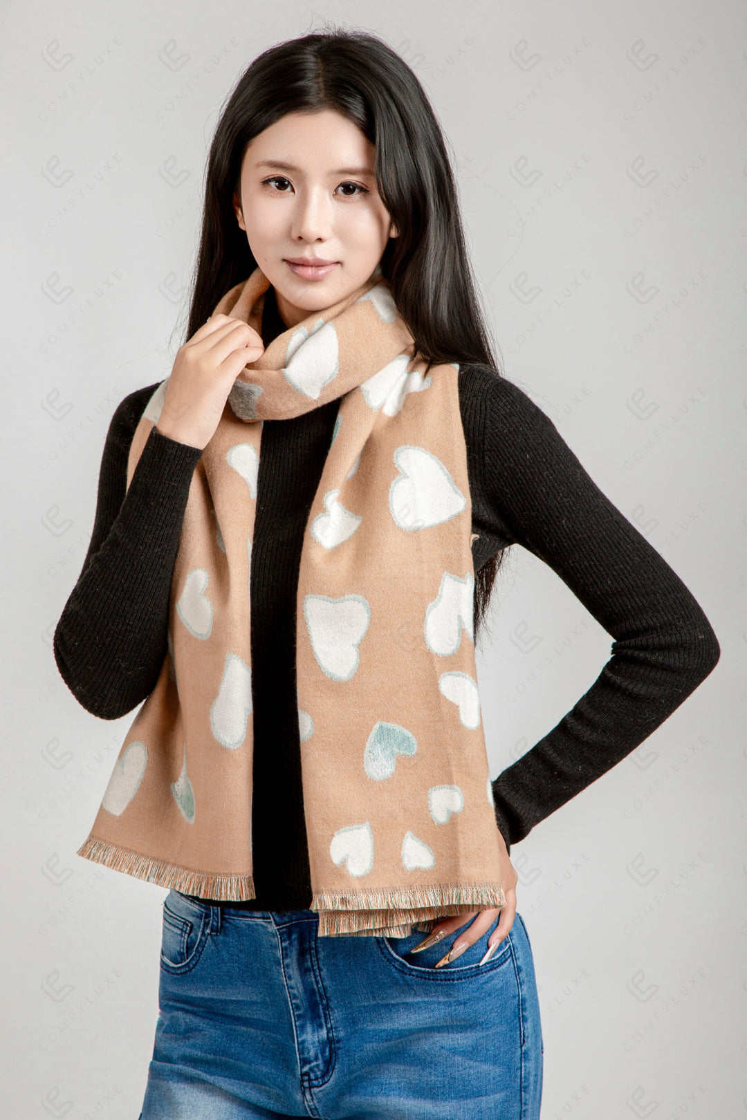 HEART PATTERN SCARF BEIGE SCARVES