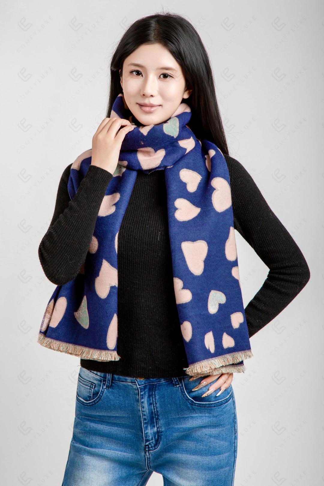 HEART PATTERN SCARF NAVY SCARVES