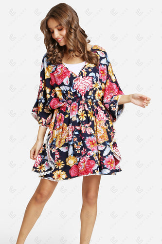 MIXED FLORAL PATTERN COVER-UP DRESS NAVY APPAREL