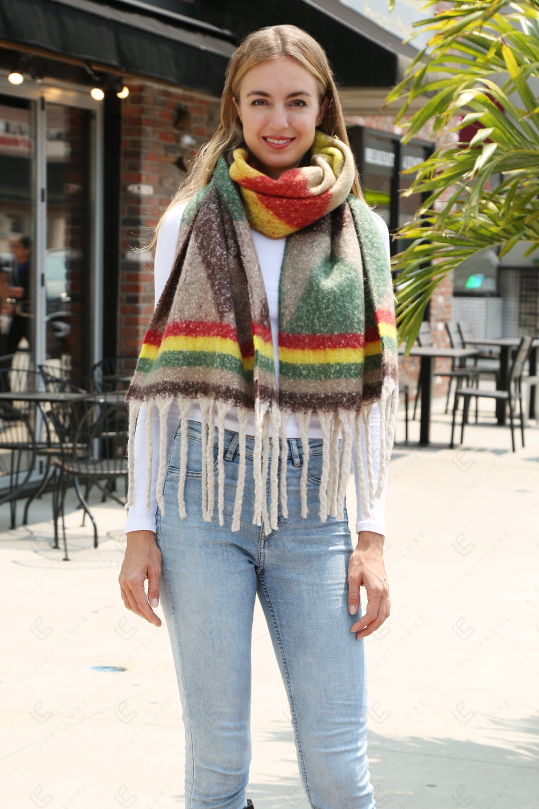 MULTI-COLORED GEOMETRIC PATTERN SCARF GREEN SCARVES