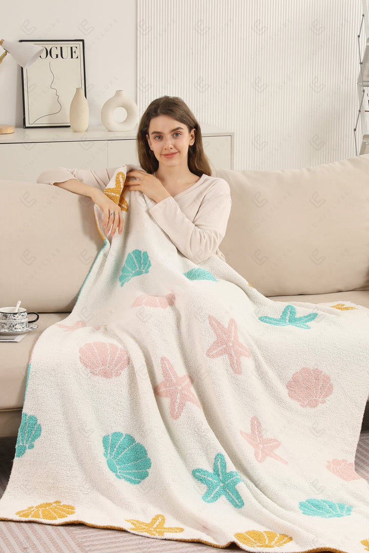 MULTI-COLORED SEASHELL &amp; STARFISH PATTERN THROW BLANKET SEA THROW BLANKETS