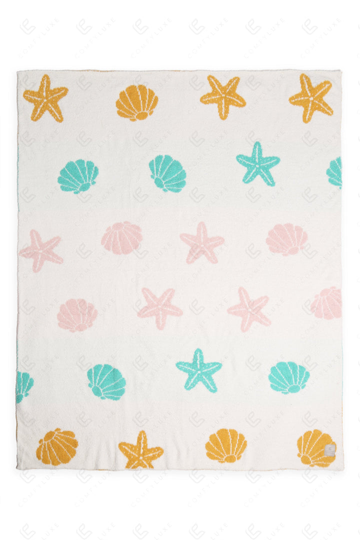 MULTI-COLORED SEASHELL &amp; STARFISH PATTERN THROW BLANKET SEA THROW BLANKETS