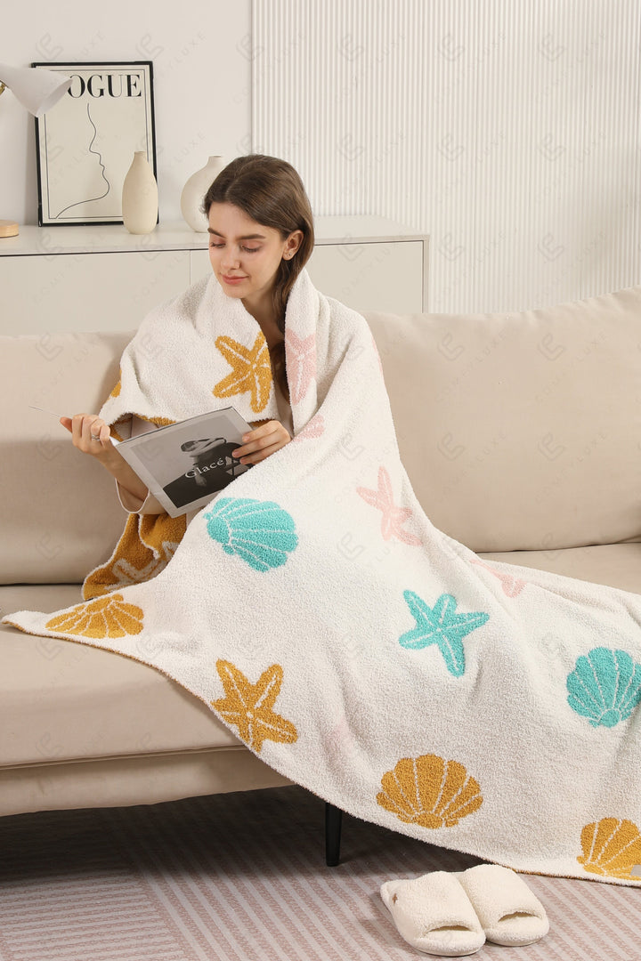 MULTI-COLORED SEASHELL &amp; STARFISH PATTERN THROW BLANKET SEA THROW BLANKETS