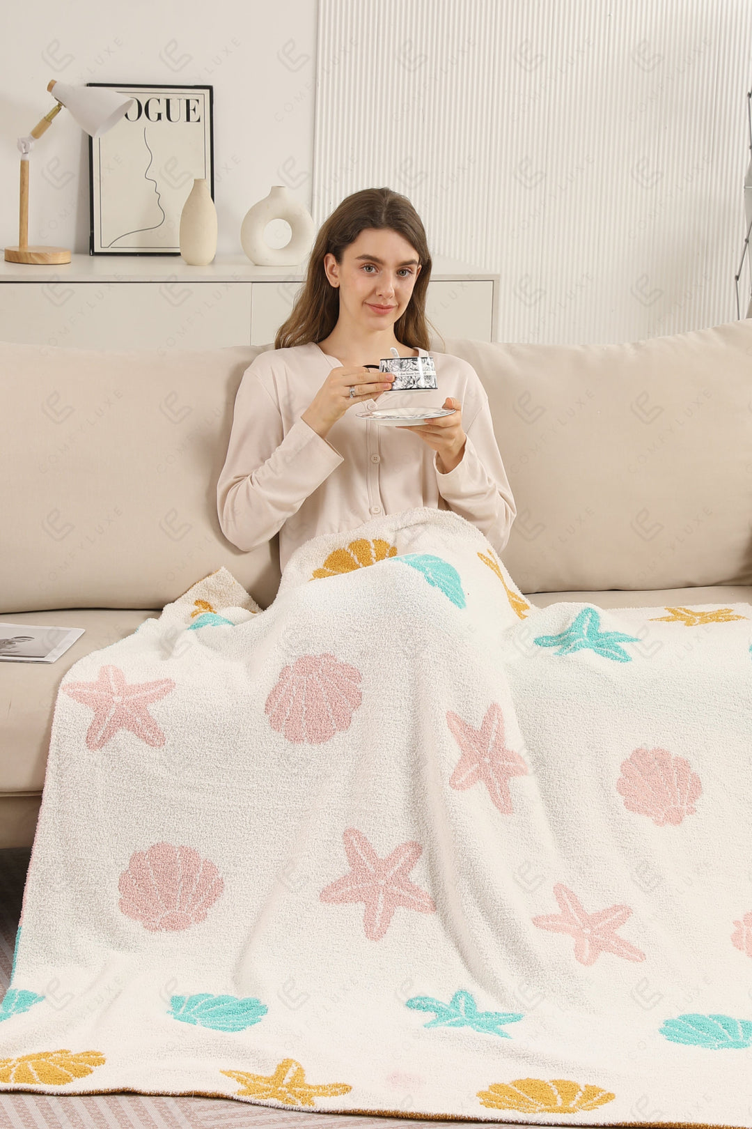 MULTI-COLORED SEASHELL &amp; STARFISH PATTERN THROW BLANKET SEA THROW BLANKETS